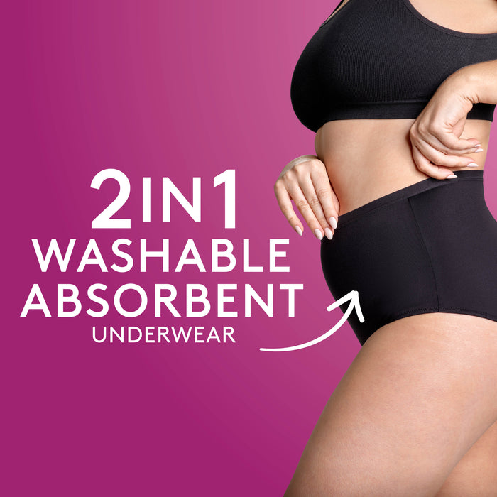 Poise 2 in 1 Washable Underwear Regular Black 10-12