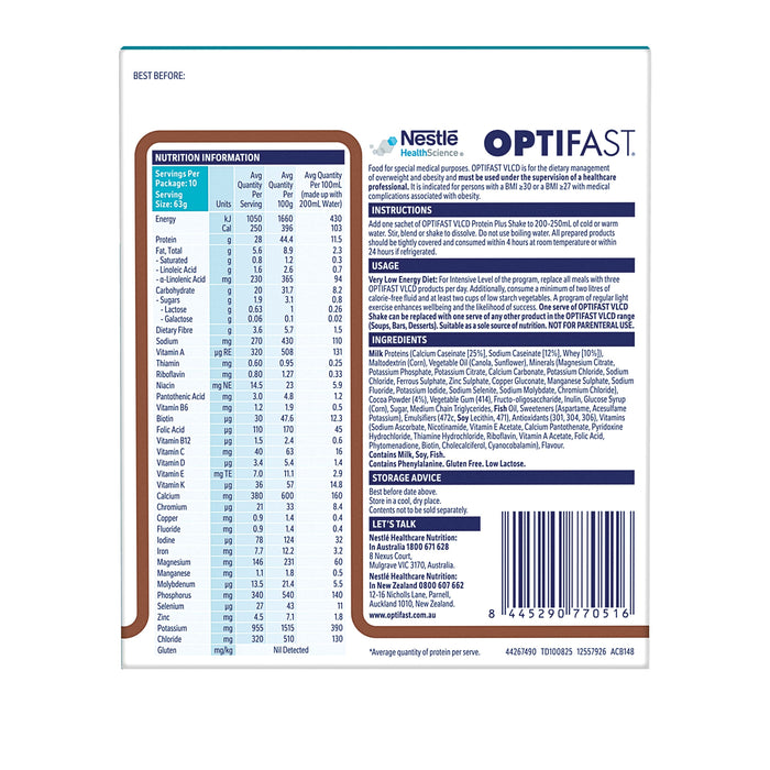 Optifast VLCD ProteinPlus Chocolate Shake 63g 10 Pack.
