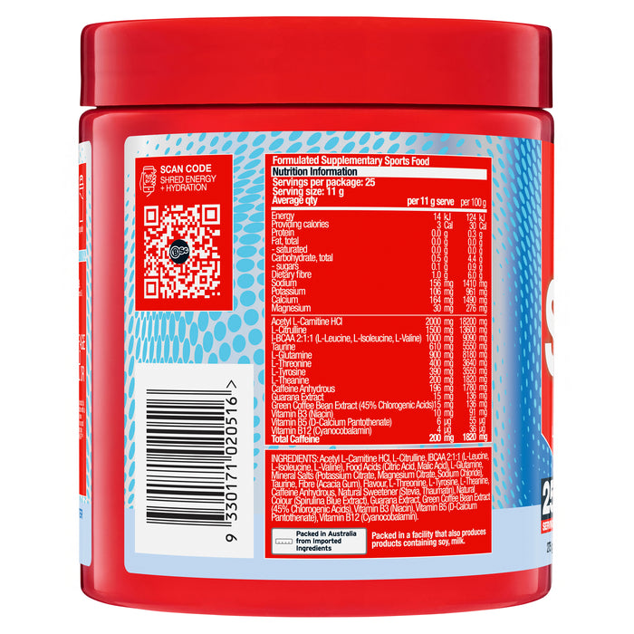 BSc Energy Shred Hydration Zappo Zappo Sour Blue Raspberry Powder  275g