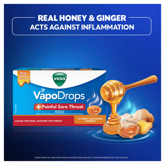 Vicks VapoDrops + Sore Throat 16 Honey Liquicentre Lozenges