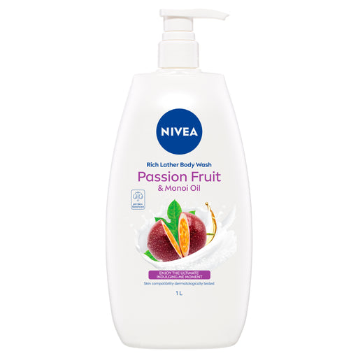 Nivea Shower Cream Rich Lather Body Wash Passionfruit & Monoi Oil 1 Litre.