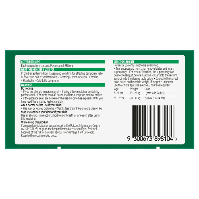 Panadol Children Suppositories 250mg 10 Pack