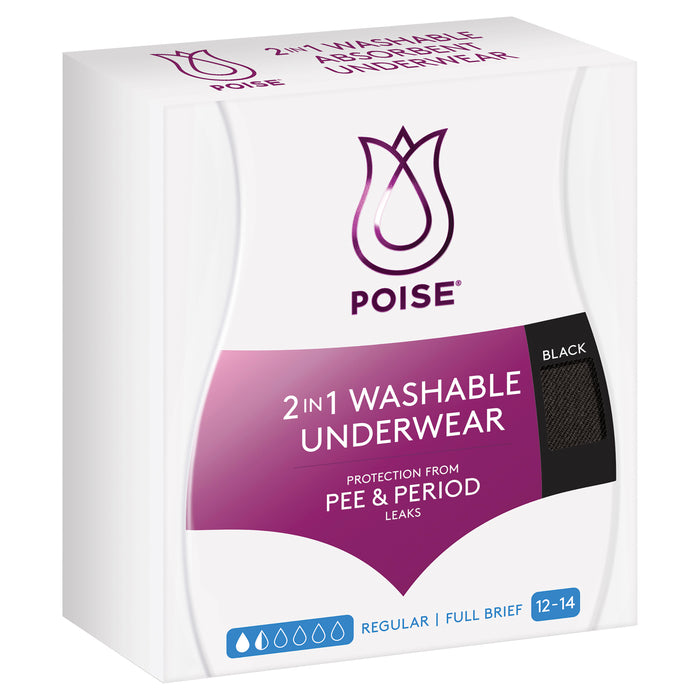Poise 2 in 1 Washable Underwear Reg Blk 12-14