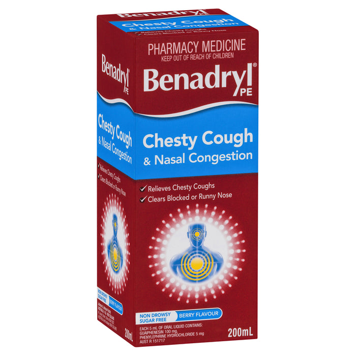 Benadryl PE Cough Liquid Chesty Cough & Nasal Congestant 200ml.