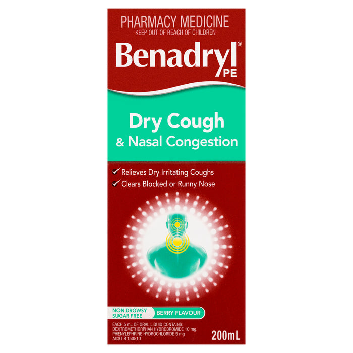 Benadryl PE Cough Liquid Dry Cough & Nasal Congestant 200ml