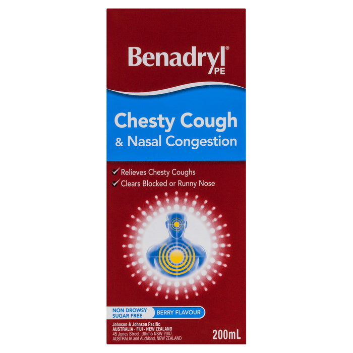 Benadryl PE Cough Liquid Chesty Cough & Nasal Congestant 200ml.