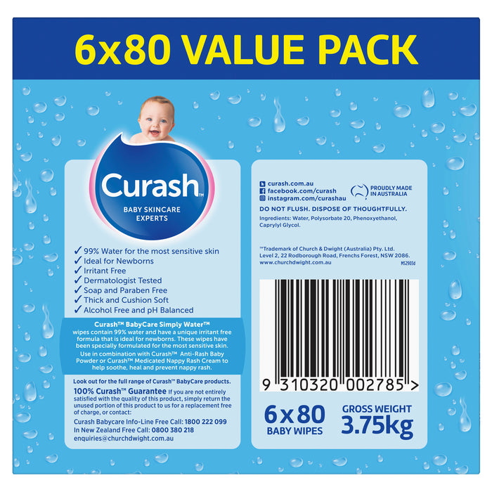 Curash Water Wipes Box 6x80pk