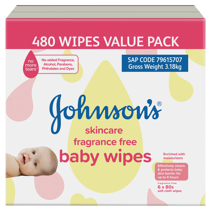 JOHNSON'S® Baby Wipes Fragrance Free Value Pack 6x80