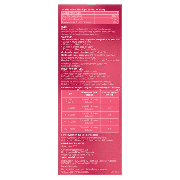 Hydralyte Rehydration Ice Blocks Strawberry Kiwi 16