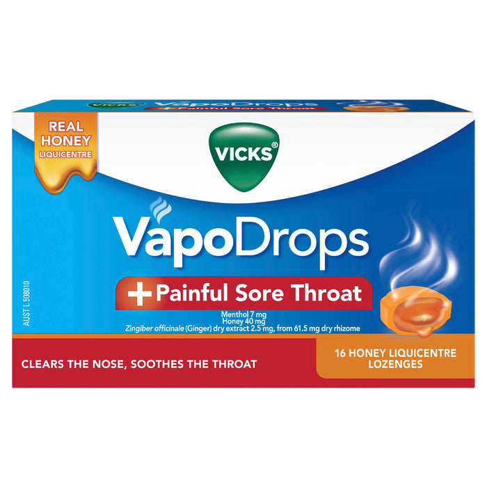 Vicks VapoDrops + Sore Throat 16 Honey Liquicentre Lozenges