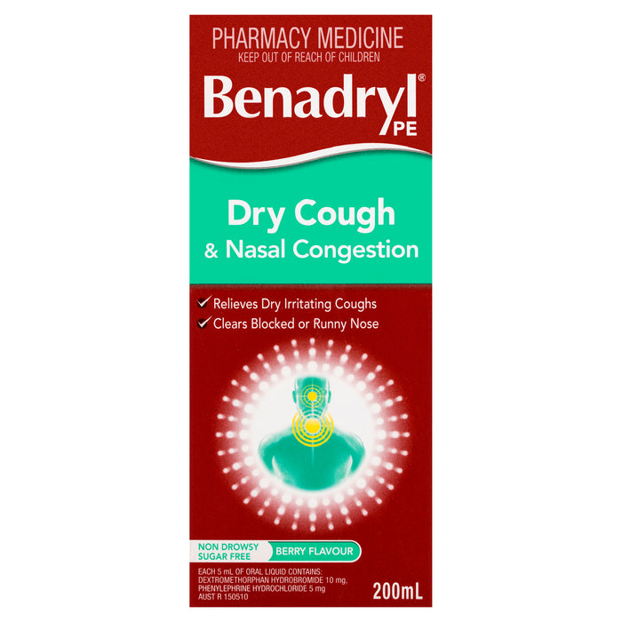 Benadryl PE Cough Liquid Dry Cough & Nasal Congestant 200ml.