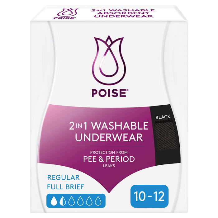 Poise 2 in 1 Washable Underwear Regular Black 10-12