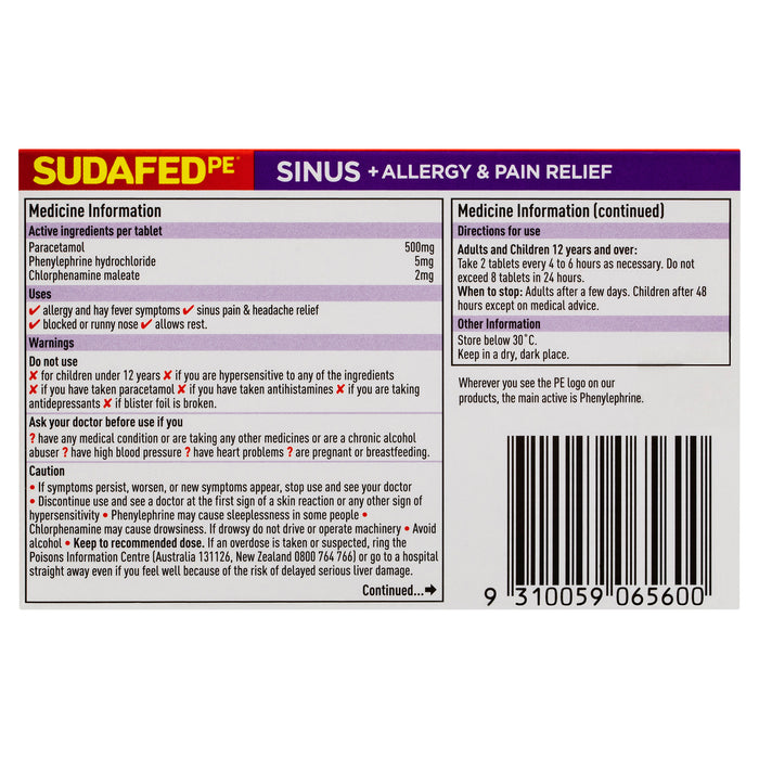Sudafed PE Sinus Pain and Allergy Tablets 24.
