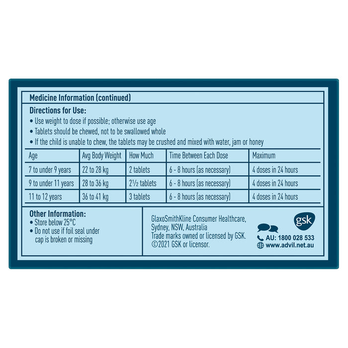 Advil Pain and Fever 7-12 Years Chewable Tablets 20