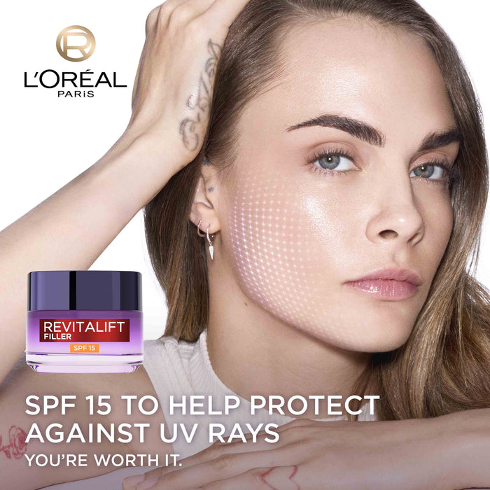 L'Oreal Revitalift Filler + Hyaluronic Acid Deep Replumping Anti-Aging Cream SPF 15 50mL.