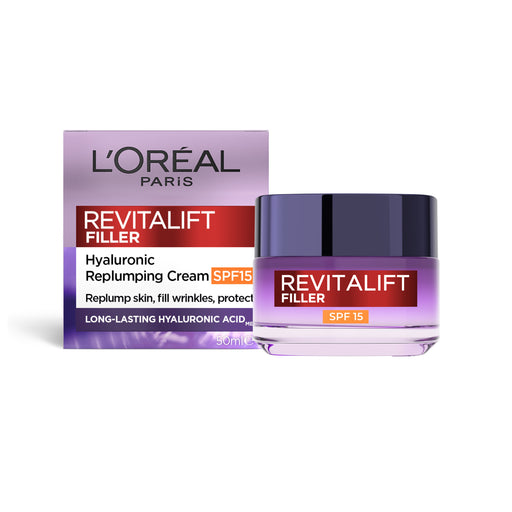 L'Oreal Revitalift Filler + Hyaluronic Acid Deep Replumping Anti-Aging Cream SPF 15 50mL.