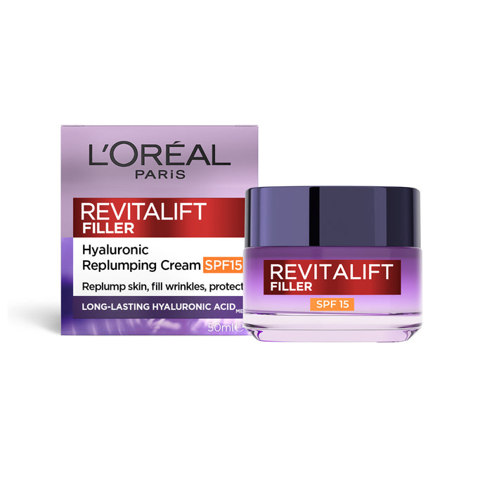 L'Oreal Revitalift Filler + Hyaluronic Acid Deep Replumping Anti-Aging Cream SPF 15 50mL.
