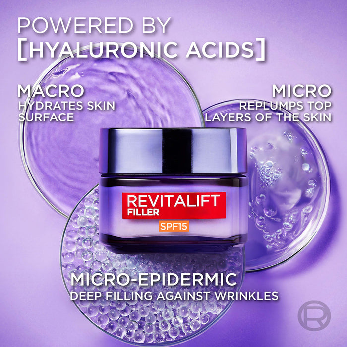 L'Oreal Revitalift Filler + Hyaluronic Acid Deep Replumping Anti-Aging Cream SPF 15 50mL.