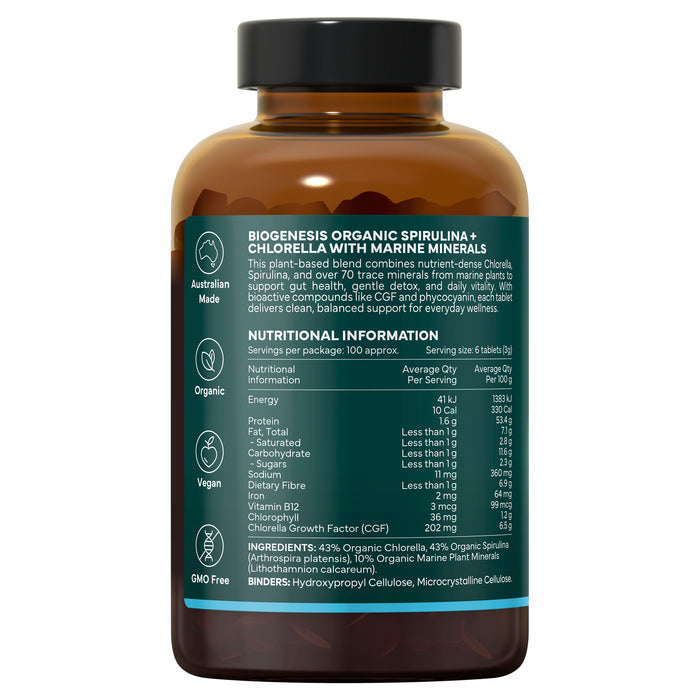 BioGenesis Australian Organic Spirulina+Chlorella With Marine Minerals 600Tablets
