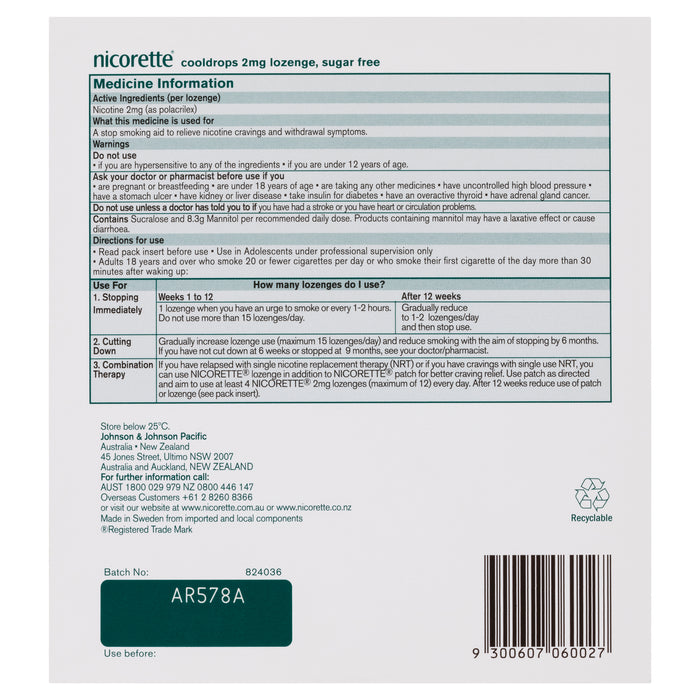 Nicorette Cool Drops Lozenge Icy Mint 2mg 160.