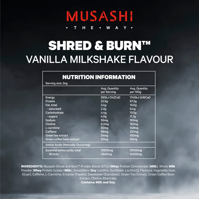 Musashi Shred & Burn Protein Powder Chocolate Milkshake 900g.