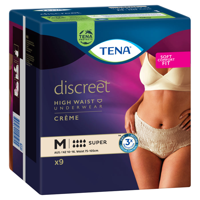 TENA Discreet Women's High Waist Underwear Creme Medium (M) 9 Pack.
