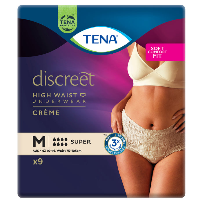 TENA Discreet Women's High Waist Underwear Creme Medium (M) 9 Pack.