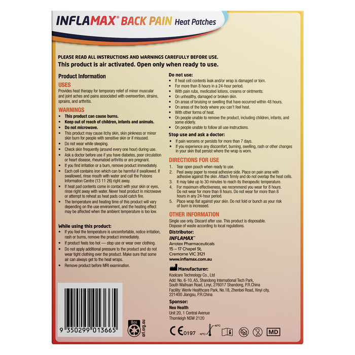 Inflamax Back Pain Heat Patches 2 XL Size