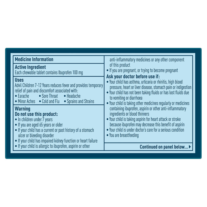 Advil Pain and Fever 7-12 Years Chewable Tablets 20