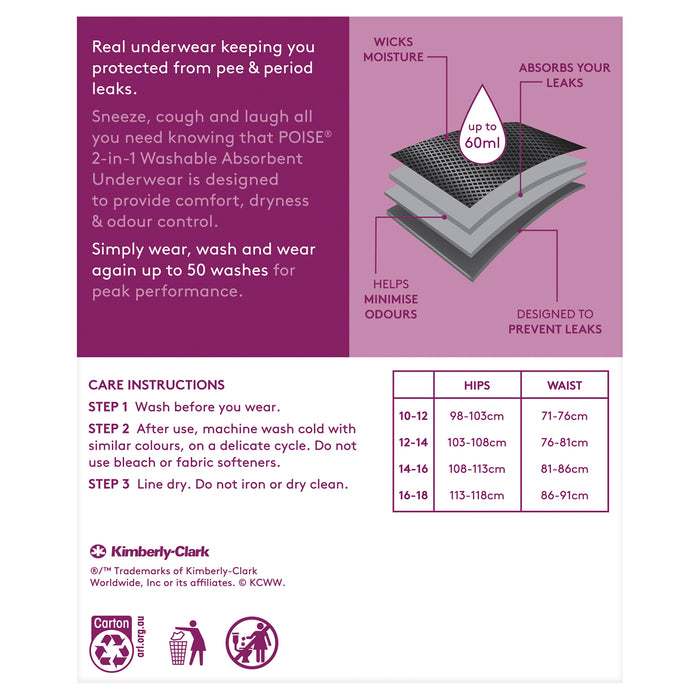 Poise 2 in 1 Washable Underwear Regular Black 10-12.