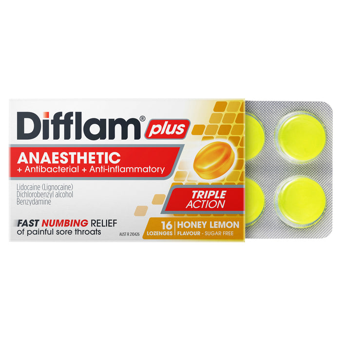 Difflam Plus Sore Throat Lozenge Plus Anaesthetic Honey & Lemon 16