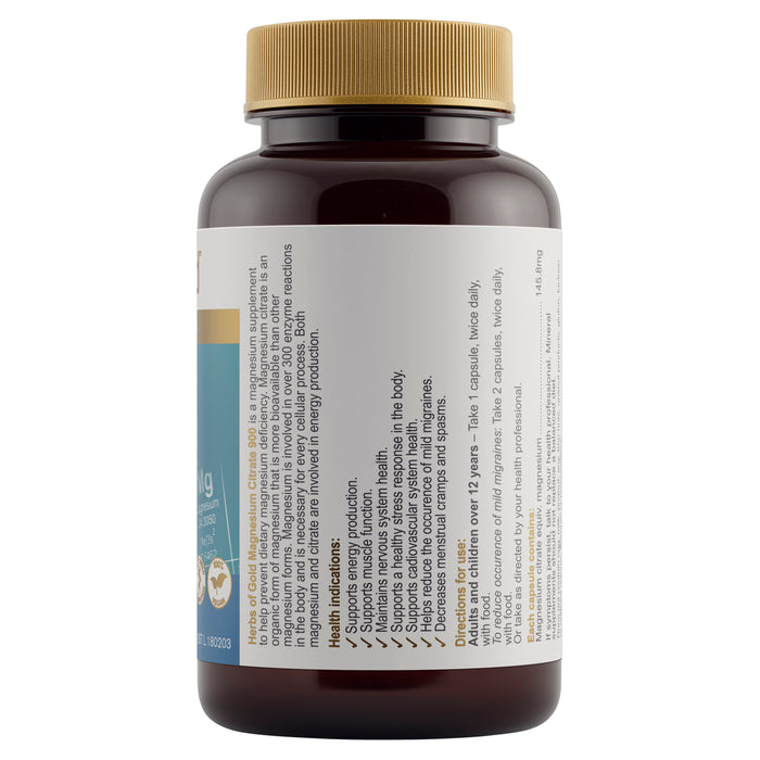 Herbs Of Gold Magnesium Citrate 900 60 Capsules.
