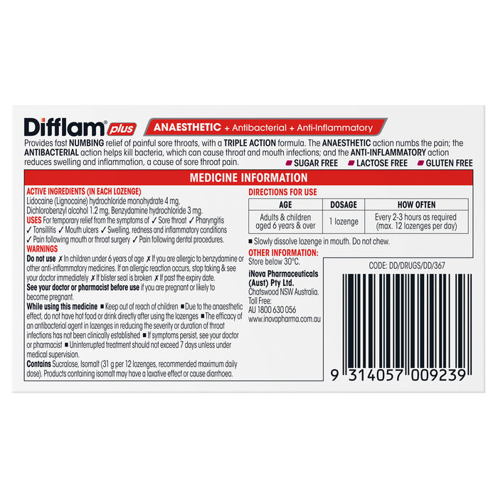 Difflam Plus Sore Throat Lozenge Plus Anaesthetic Berry 16