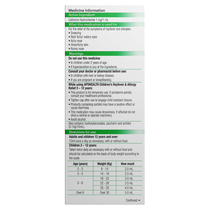 APO Child Hayfever & Allergy Relief 100ml.