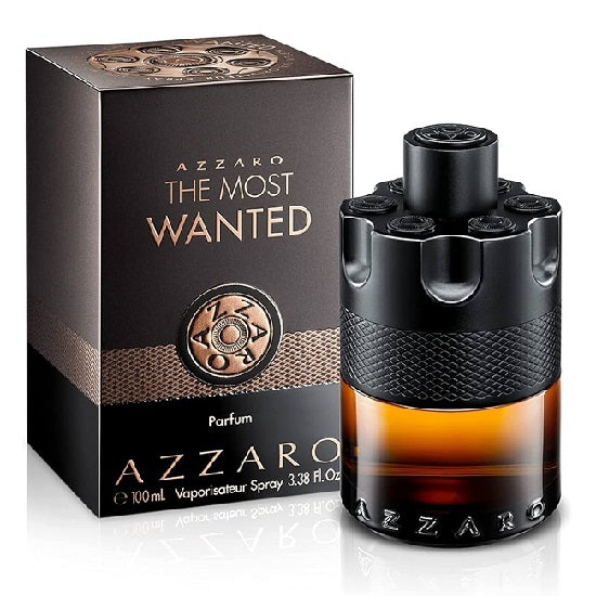 Azzaro The Most Wanted Parfum 100ml, amber glass bottle with black gun-barrel inspired cap, shown with box