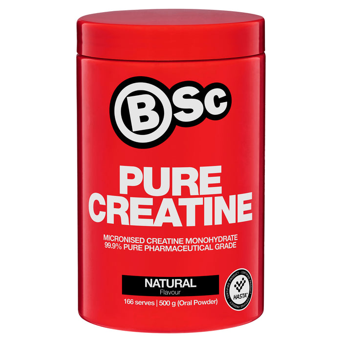 Red tub of BSc Pure Creatine powder, 500g, 166 serves, HASTA tested for purity and banned substances.