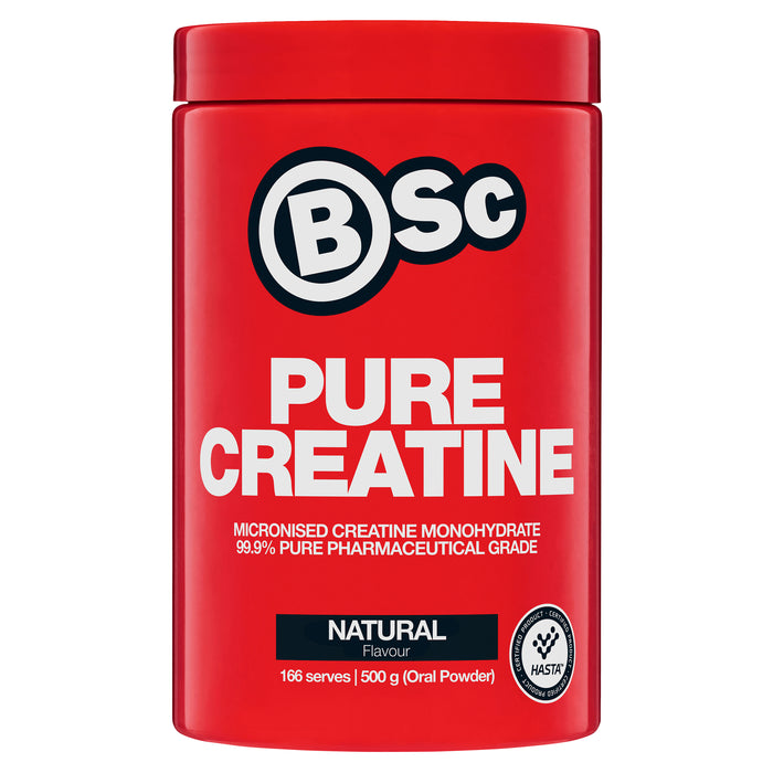 BSc Pure Creatine supplement packaging highlighting natural flavour, pharmaceutical grade quality, and 500g size