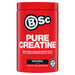 BSc Pure Creatine supplement packaging highlighting natural flavour, pharmaceutical grade quality, and 500g size