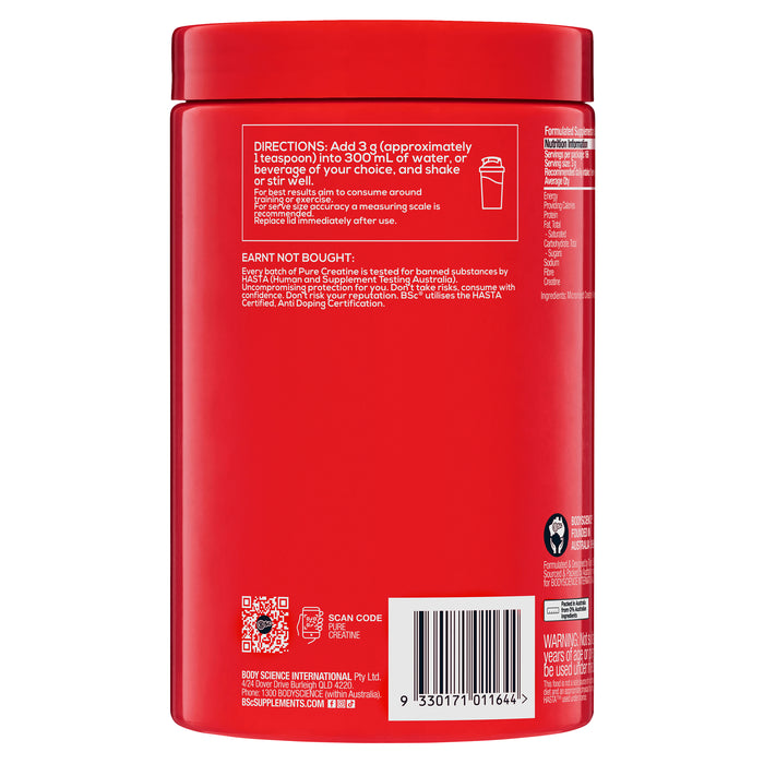 Back label of BSc Pure Creatine 500g showing directions, nutritional information, and HASTA certification details.