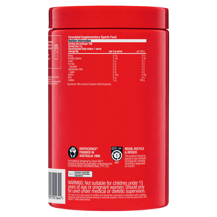 Back label of BSc Pure Creatine 500g showing nutrition information panel, ingredient list, and safety warnings