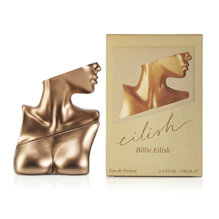 Billie Eilish Eau De Parfum 100ml for women, warm gourmand fragrance in gold sculpted bottle with gift box