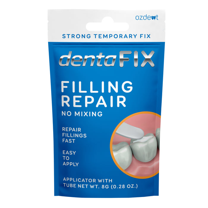 Front packaging of Dentafix Filling Repair 8g – strong temporary dental cement to repair lost fillings fast, easy to apply, no mixing required.