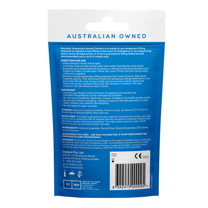 Back packaging of Dentafix Filling Repair 8g showing directions, ingredients, warnings, storage instructions and manufacturer details.