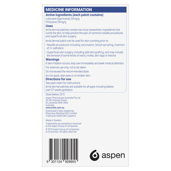 Emla 5% skin numbing patches 20 Pack