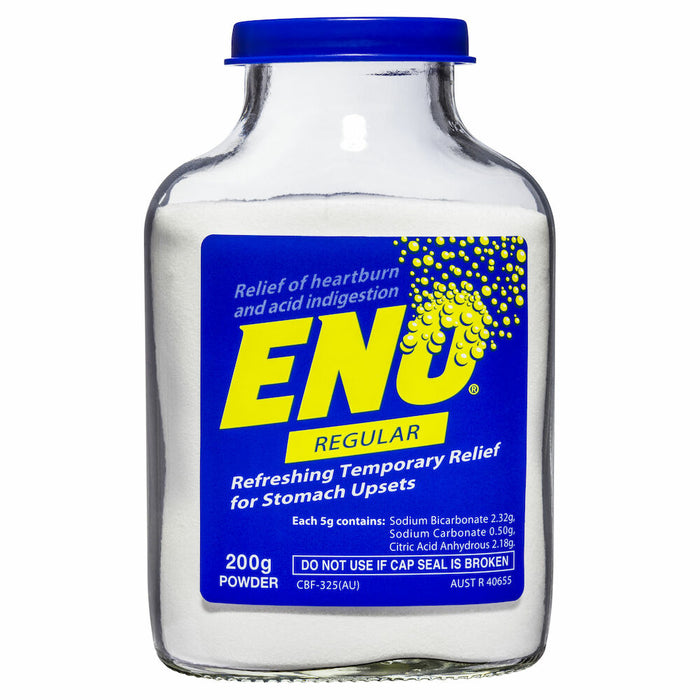 Front view of Eno Regular Powder 200g bottle, showing the blue label with yellow Eno branding. The label highlights relief of heartburn, acid indigestion, and temporary relief from stomach upsets.