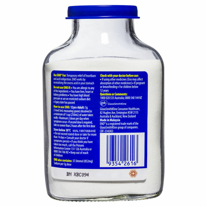 Back view of Eno Regular Powder 200g bottle, displaying usage instructions, ingredients, dosage directions, warnings, manufacturer details, and barcode.
