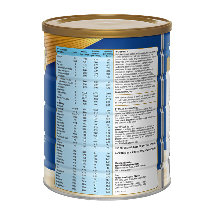 Ensure Powder Vanilla 850g by Abbott – detailed nutrition information, ingredients, storage instructions, and usage guidance on can label.