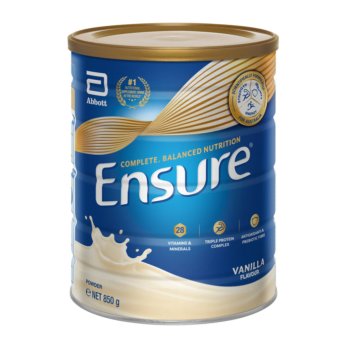 Ensure Powder Vanilla 850g can by Abbott, with 28 vitamins, triple protein, antioxidants, and prebiotic fibre.