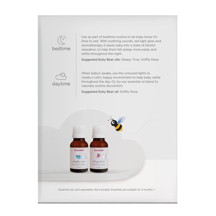 Euky Bear essential oils Sleepy Time and Sniffly Nose bottles with bedtime and daytime usage suggestions, showing how oils support baby’s sleep and relaxation.