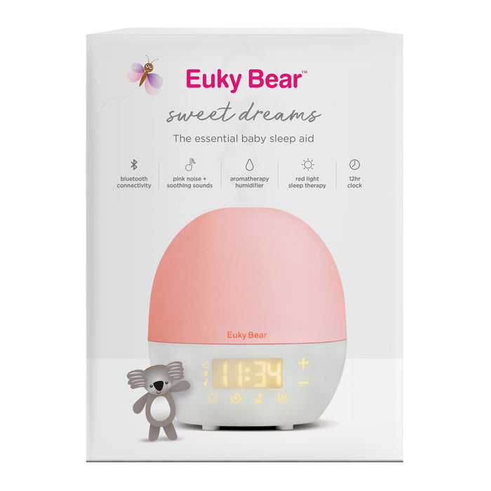 Euky Bear Sweet Dreams Baby Sleep Aid – now in soft pink! 💗 Featuring Bluetooth connectivity, pink noise and soothing sounds, a gentle aromatherapy humidifier, calming red light sleep therapy, and a practical 12-hour clock display. Designed with love and science to help your little one rest peacefully—all beautifully presented with its stylish product packaging in the background.